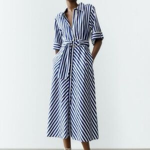 Zara Blue and White Striped Midi Dress